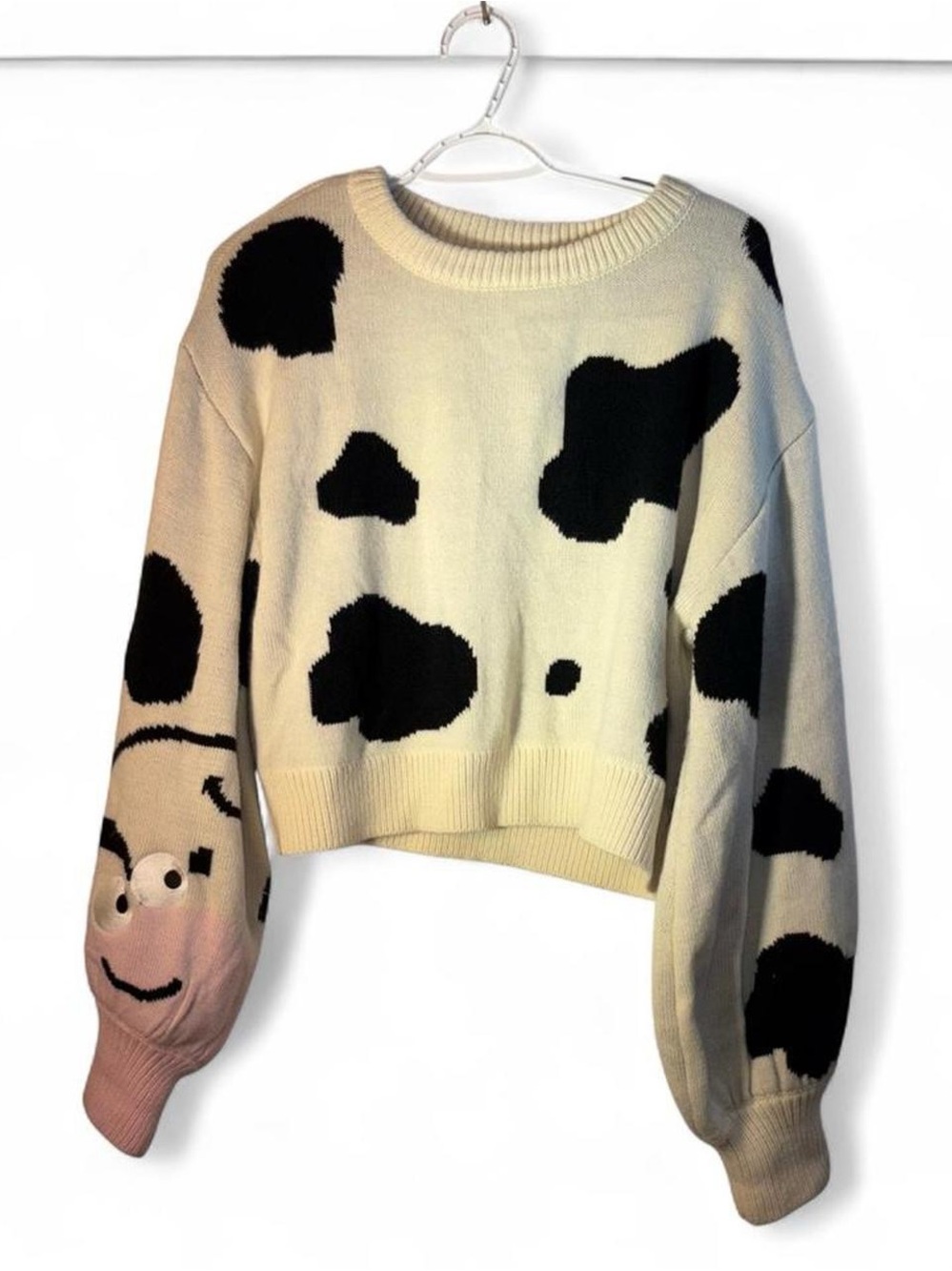 Cider  Sweater with Black Cow Spots and Pink Sleeve Accent